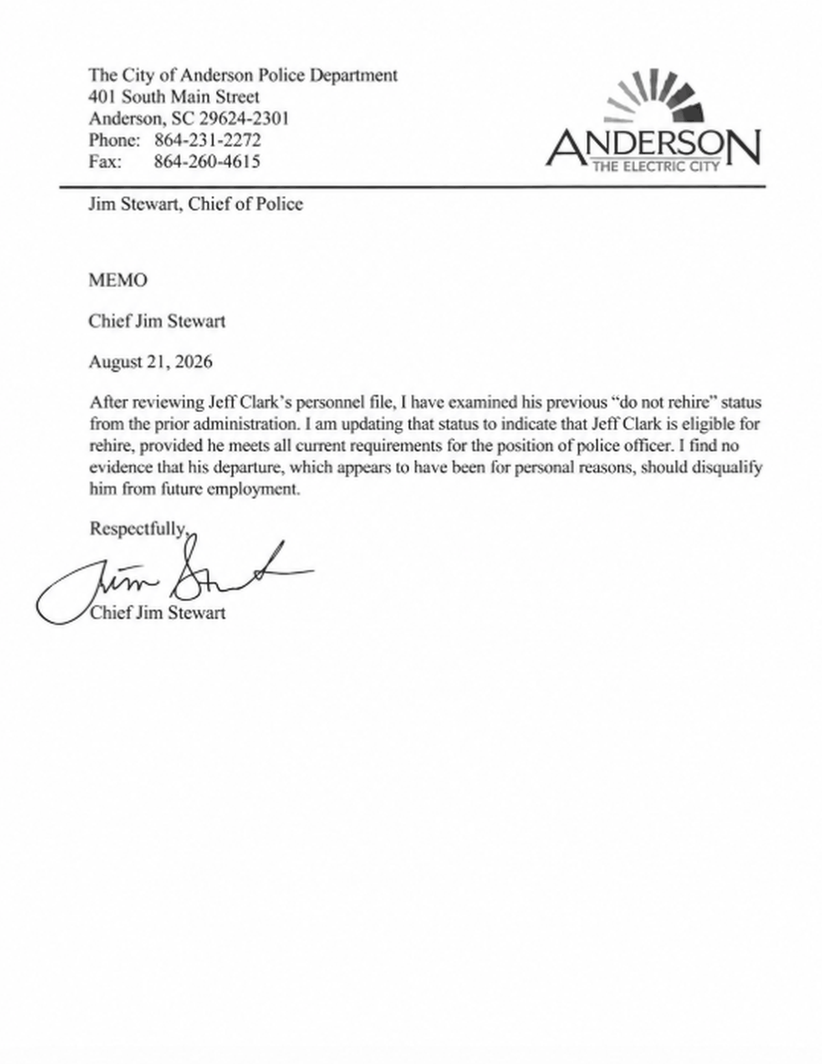 Memo from Anderson, SC Police Chief Jim Stewart dated August 21, 2026, updating Jeff Clark's status to eligible for rehire