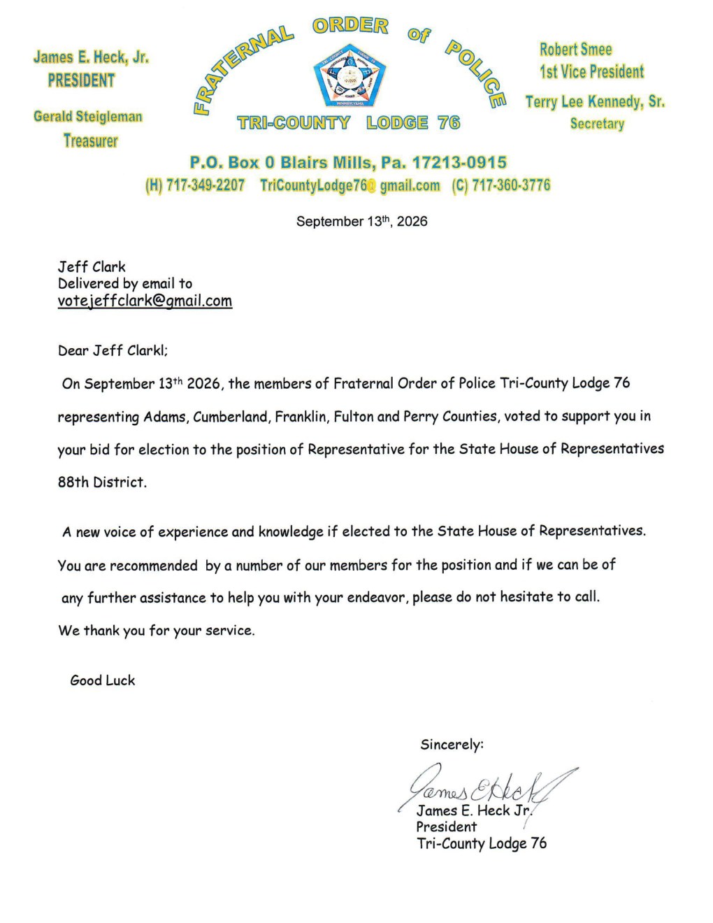 Fraternal Order of Police Tri-County Lodge 76 endorsement letter for Jeff Clark