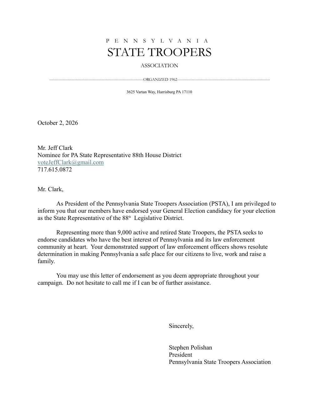 Pennsylvania State Troopers Association endorsement letter for Jeff Clark